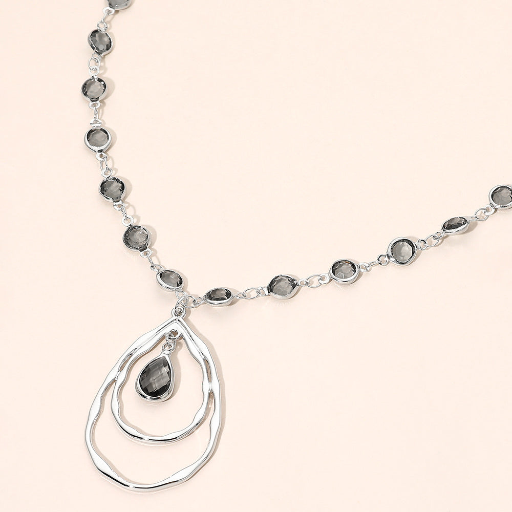 Madeline Love Black Diamond, Rhodium Teardrop Layered Double Hoop Pendant Faceted Round Stone Bezel Link Chain Necklace
