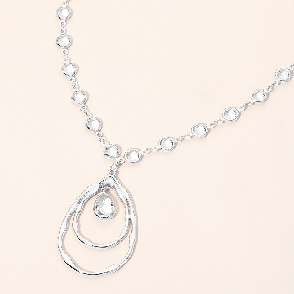 Madeline Love Clear, Rhodium Teardrop Layered Double Hoop Pendant Faceted Round Stone Bezel Link Chain Necklace