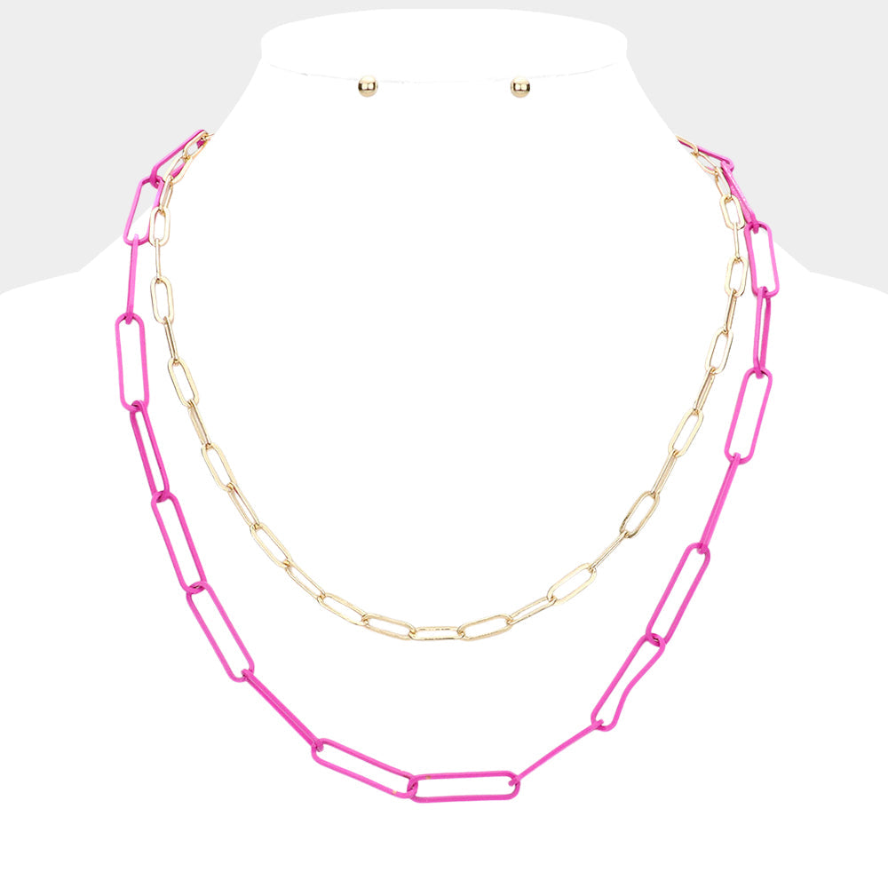 Madeline Love Fuchsia 2PCS - Colored Open Metal Oval Link Necklaces