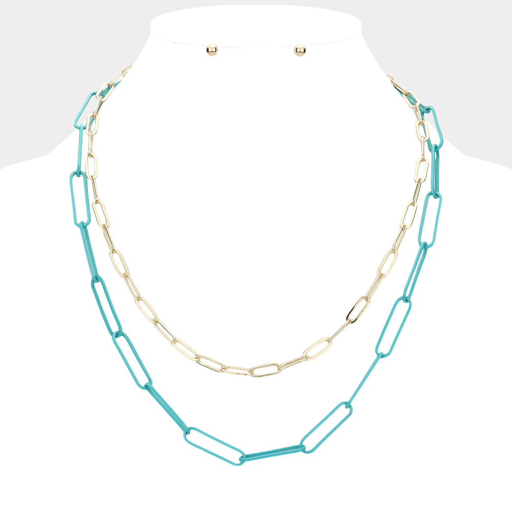 Madeline Love Turquoise 2PCS - Colored Open Metal Oval Link Necklaces