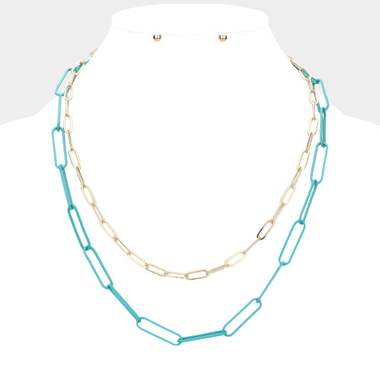 Madeline Love Turquoise 2PCS - Colored Open Metal Oval Link Necklaces
