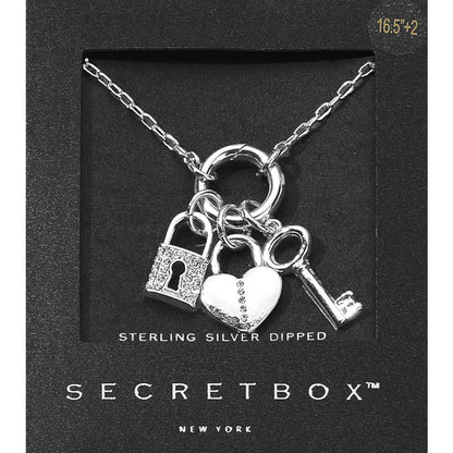 SECRET BOX_Sterling Silver Dipped Stone Paved Heart Lock Key Pendant Necklace