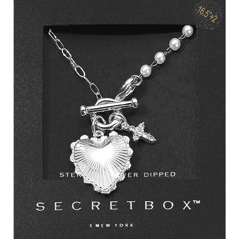 SECRET BOX_Sterling Silver Dipped Heart Stone Paved Cross Charm Half Pearl Chain Toggle Necklace - Silver - Necklaces