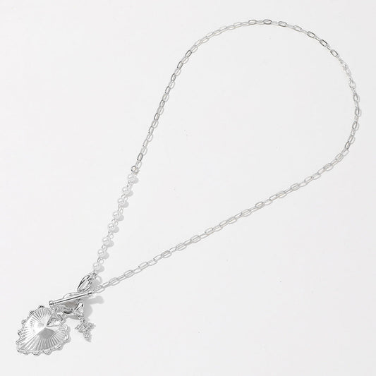 SECRET BOX_Sterling Silver Dipped Heart Stone Paved Cross Charm Half Pearl Chain Toggle Necklace - Silver - Necklaces