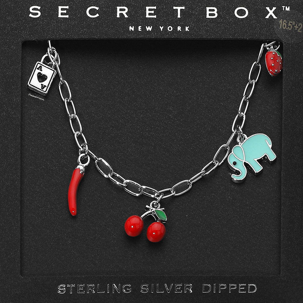 Madeline Love Silver SECET BOX_Sterling Silver Dipped Cherry Elephant Chili Strawberry Lock Charm Station Paperclip Chain Necklace - Necklaces