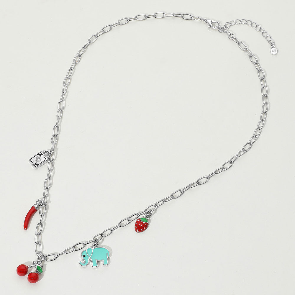 Madeline Love Silver SECET BOX_Sterling Silver Dipped Cherry Elephant Chili Strawberry Lock Charm Station Paperclip Chain Necklace - Necklaces - desc