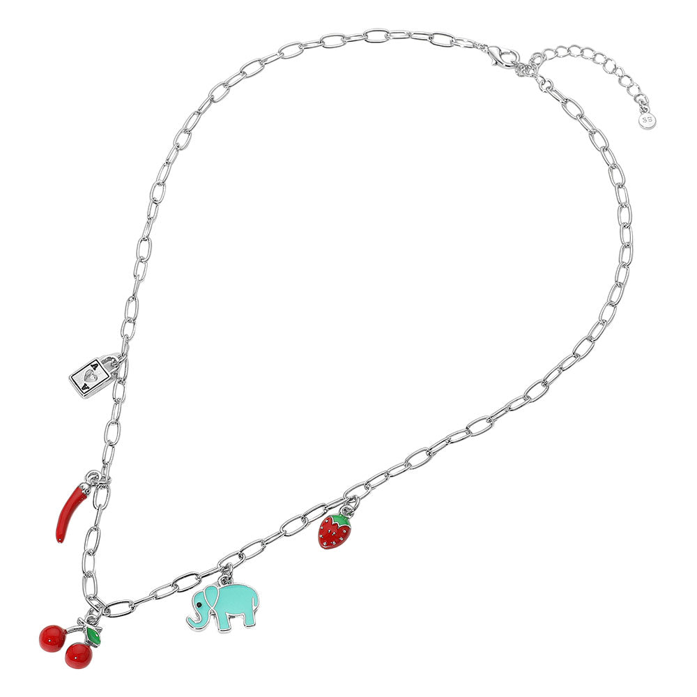 Madeline Love Silver SECET BOX_Sterling Silver Dipped Cherry Elephant Chili Strawberry Lock Charm Station Paperclip Chain Necklace - Necklaces - extra