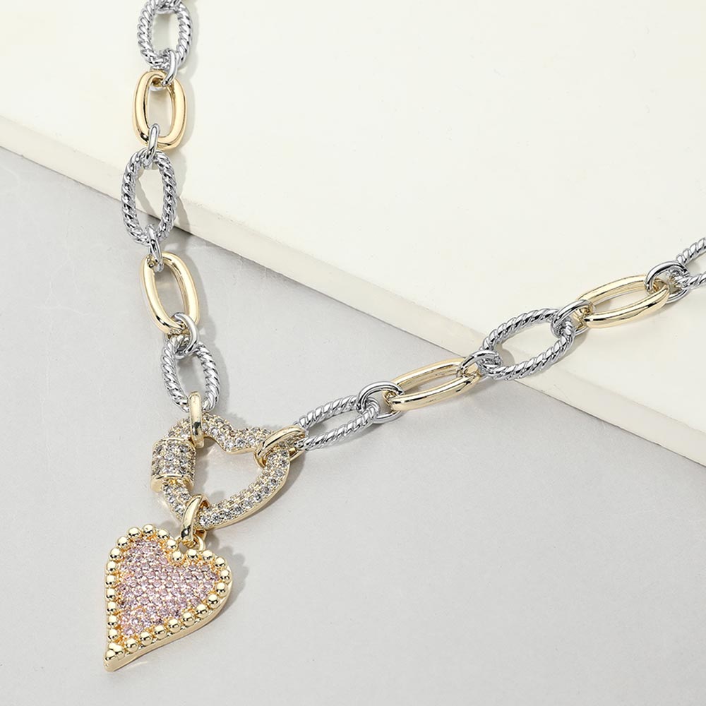 Madeline Love Rose, Two Tone 14K Gold Plated Two Tone CZ Pave Heart Pendant Chunky Chain Necklace