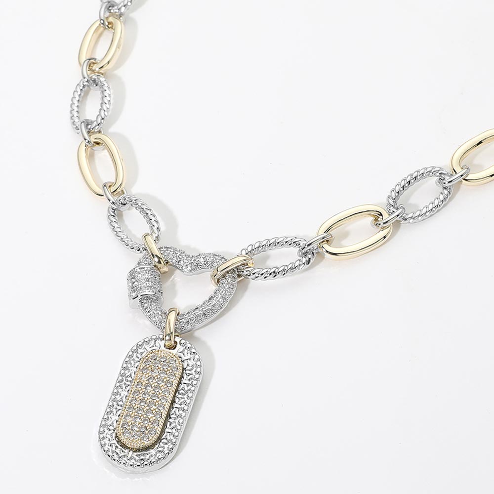 Madeline Love Two Tone 14K Gold Plated Two Tone CZ Pave Dog Tag Pendant Necklace