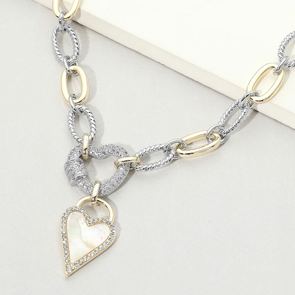 Madeline Love Two Tone Two Tone 14K Gold Plated CZ Pave Heart Pendant Oval Link Statement Necklace