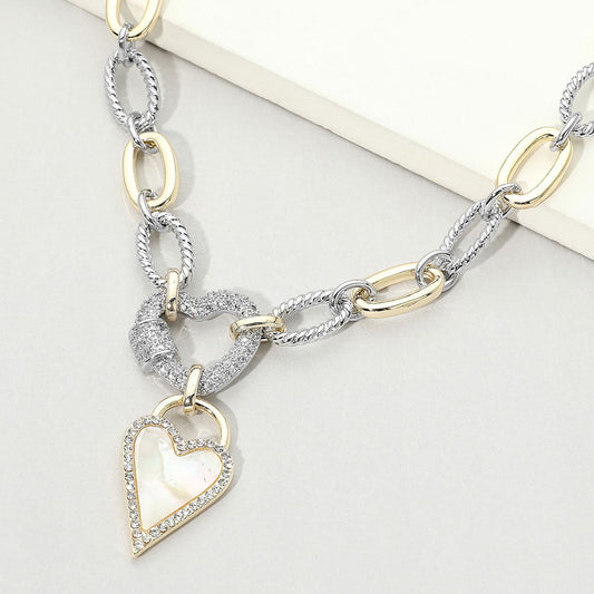 Madeline Love Two Tone Two Tone 14K Gold Plated CZ Pave Heart Pendant Oval Link Statement Necklace