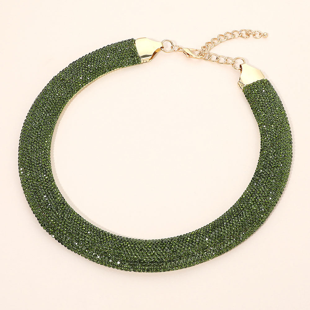 Madeline Love Gold, Olive Green Rhinestone Paved Chunky Chain Necklace