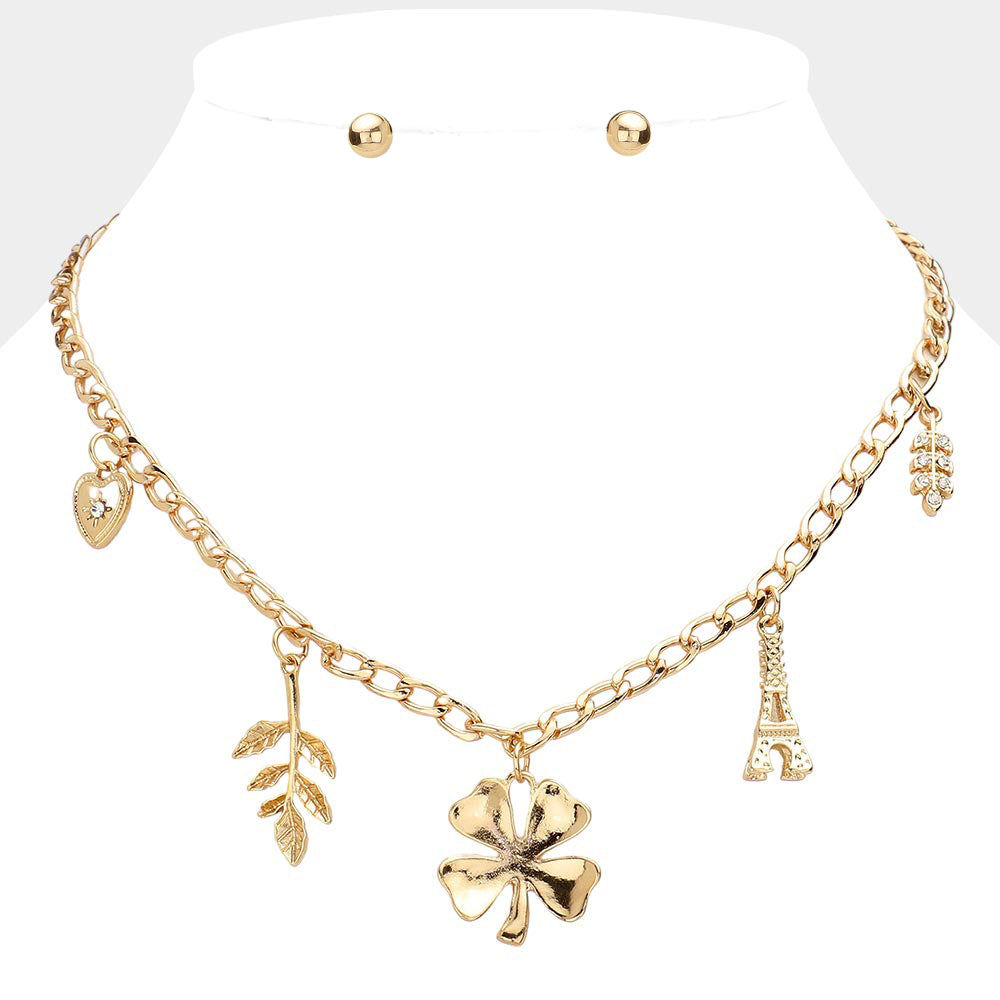 Madeline Love Gold Heart Leaf Clover Eiffel Tower Pendant Station Necklace - Necklaces