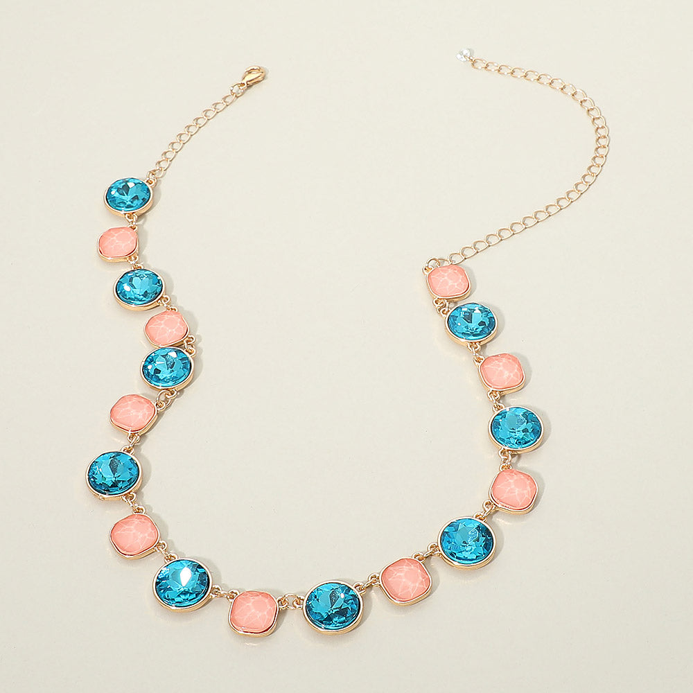 Madeline Love Pink Round Square Stone Bezel Cluster Link Necklace