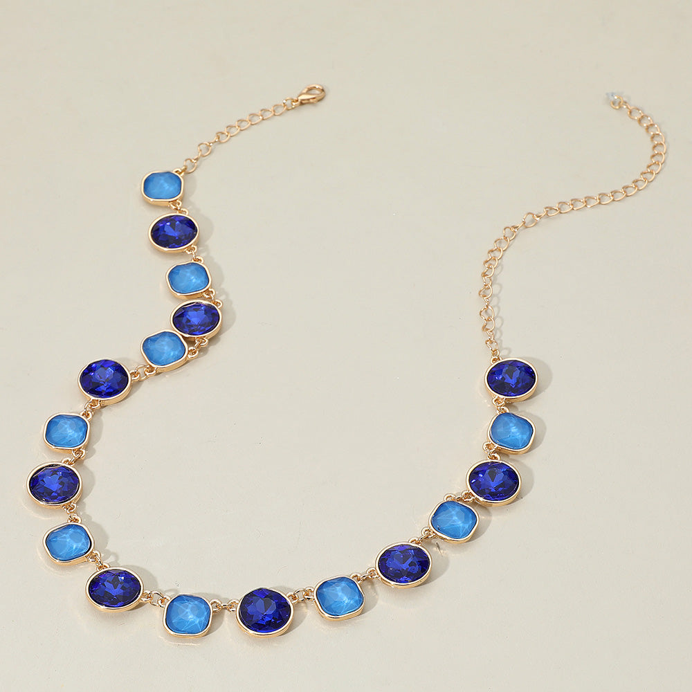 Madeline Love Blue Round Square Stone Bezel Cluster Link Necklace