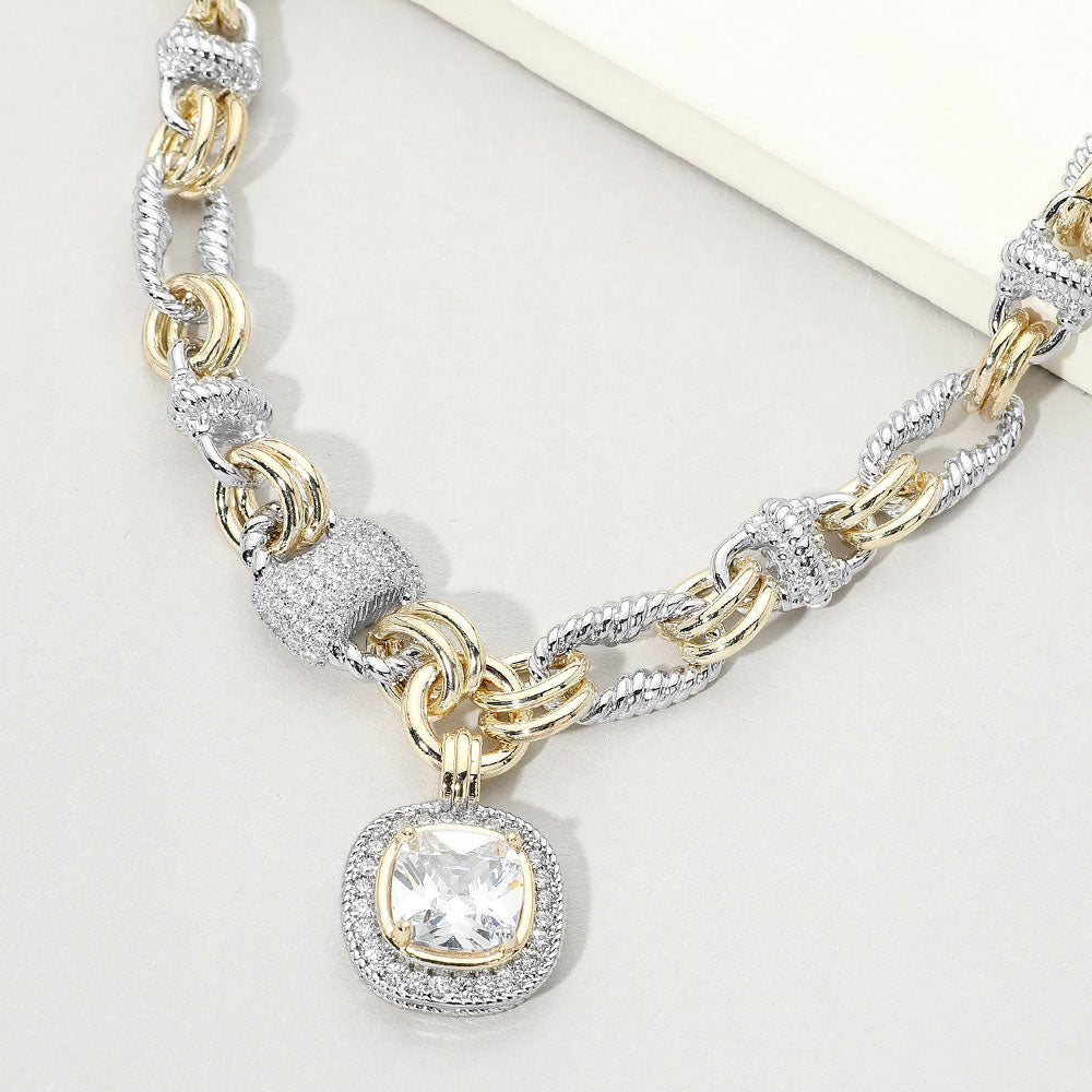 Madeline Love Clear, Two Tone Two Tone 14K Gold Plated CZ Pave Cushion Crystal Pendant Decorative Link Statement Necklace
