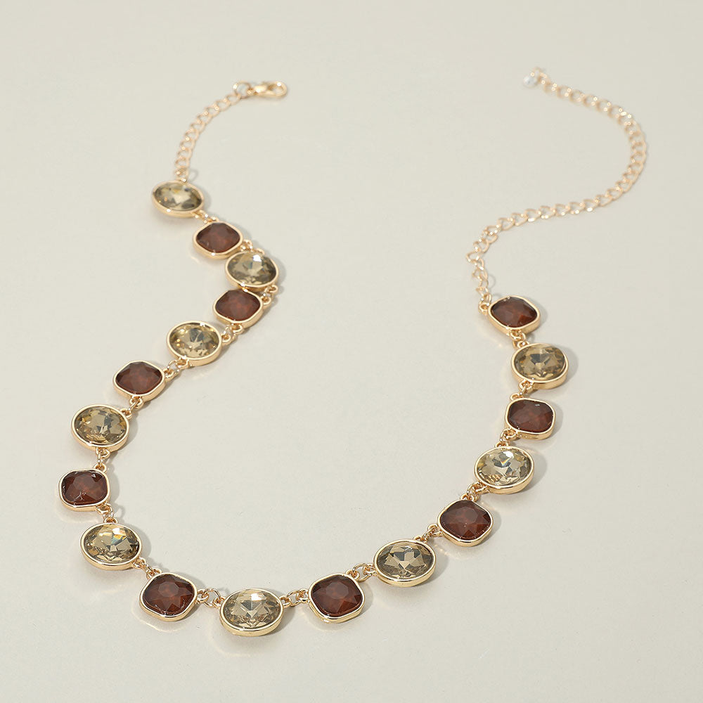 Madeline Love Dark, Taupe Round Square Stone Bezel Cluster Link Necklace