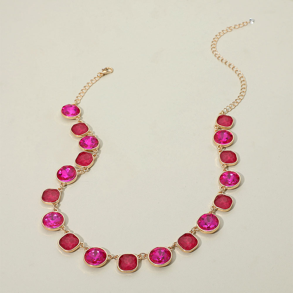 Madeline Love Fuchsia Round Square Stone Bezel Cluster Link Necklace