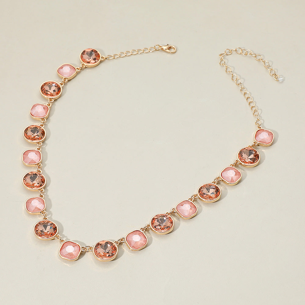 Madeline Love Pink Round Square Stone Bezel Cluster Link Necklace