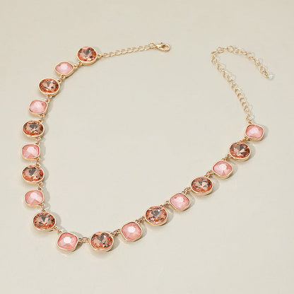 Madeline Love Pink Round Square Stone Bezel Cluster Link Necklace
