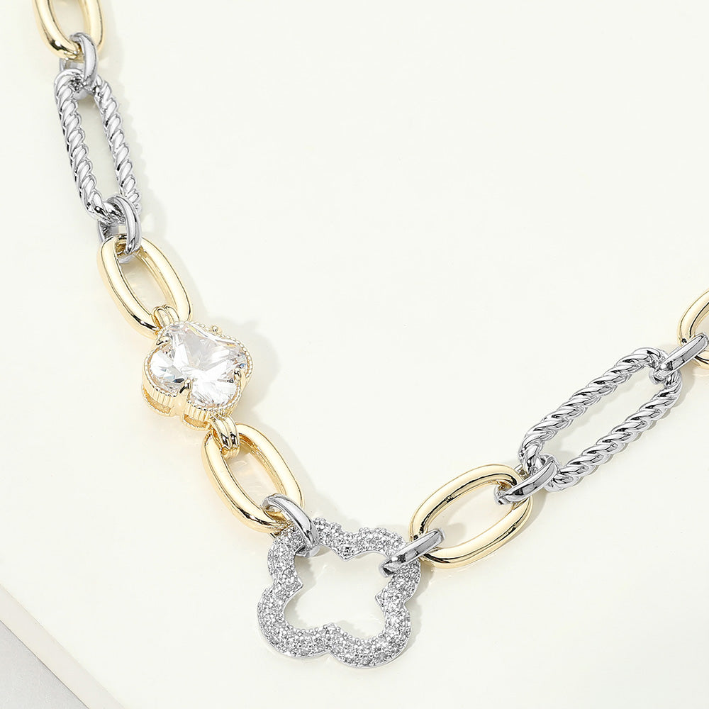 Madeline Love Clear, Gold 14K Gold Plated CZ Pave Clover Accent Mixed Link Statement Necklace
