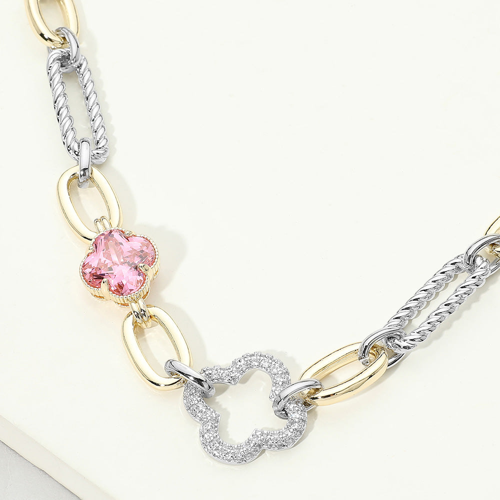 Madeline Love Gold, Rose 14K Gold Plated CZ Pave Clover Accent Mixed Link Statement Necklace