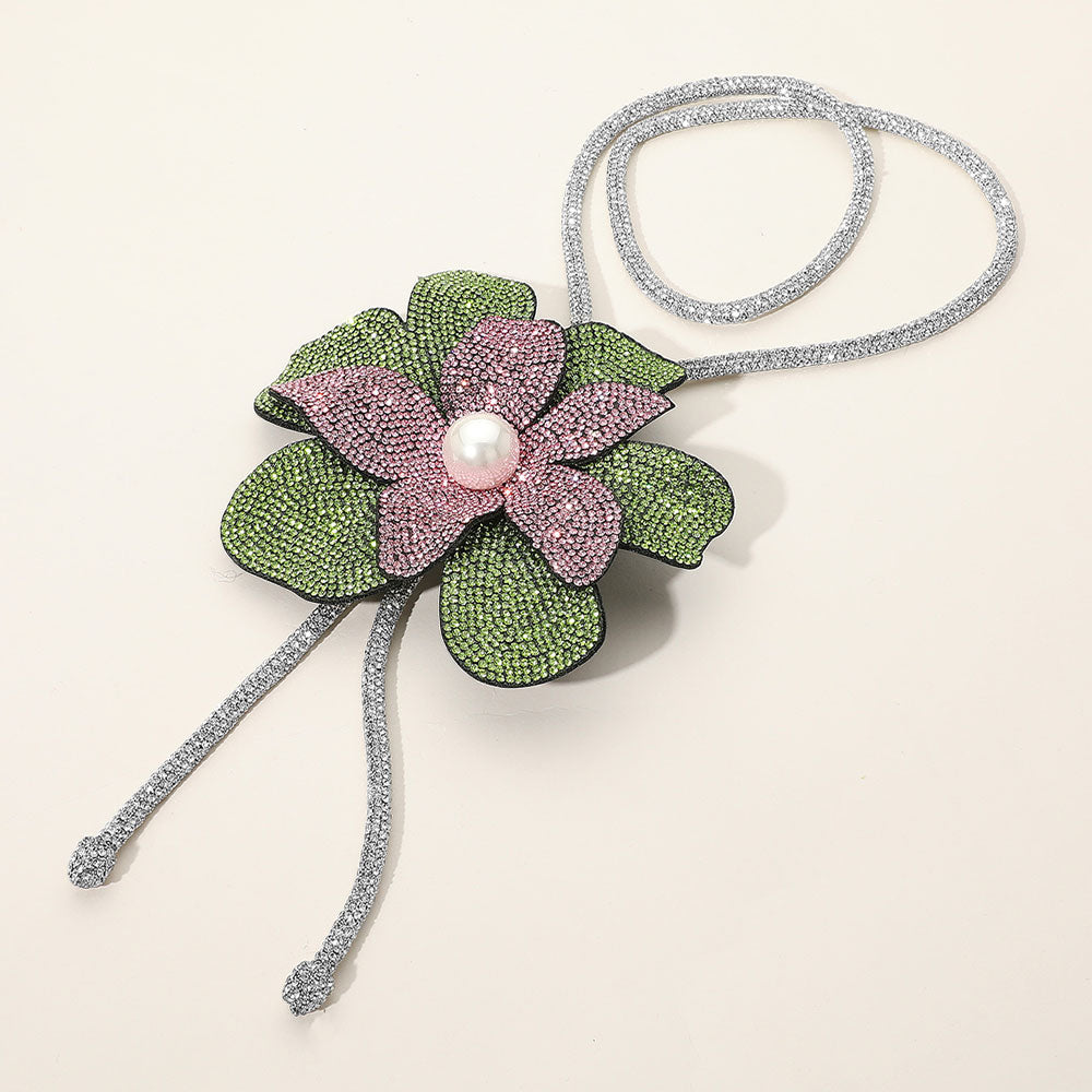 Madeline Love Pink&Green Pearl Centered Bling Studded Flower Pointed Bolo Tie Necklace - Necklaces
