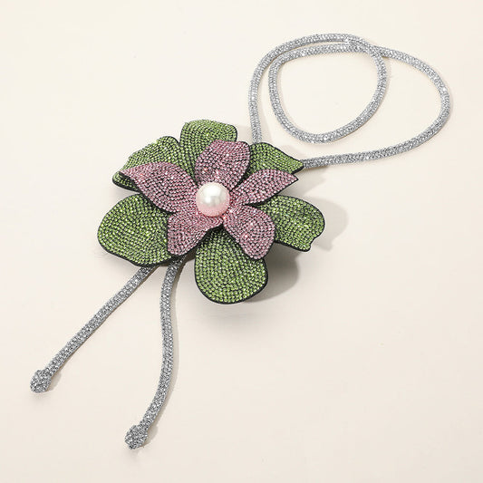Madeline Love Pink&Green Pearl Centered Bling Studded Flower Pointed Bolo Tie Necklace - Necklaces