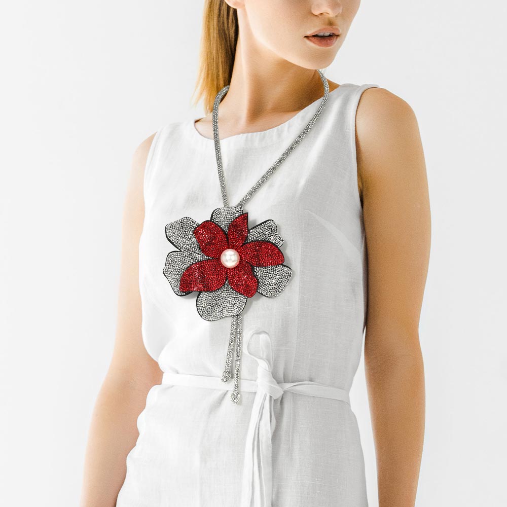 Madeline Love Clear, Siam Pearl Centered Bling Studded Flower Pointed Bolo Tie Necklace - Necklaces