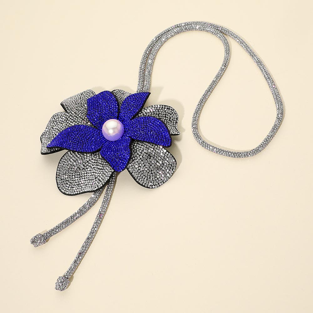Madeline Love Clear, Sapphire Pearl Centered Bling Studded Flower Pointed Bolo Tie Necklace - Necklaces