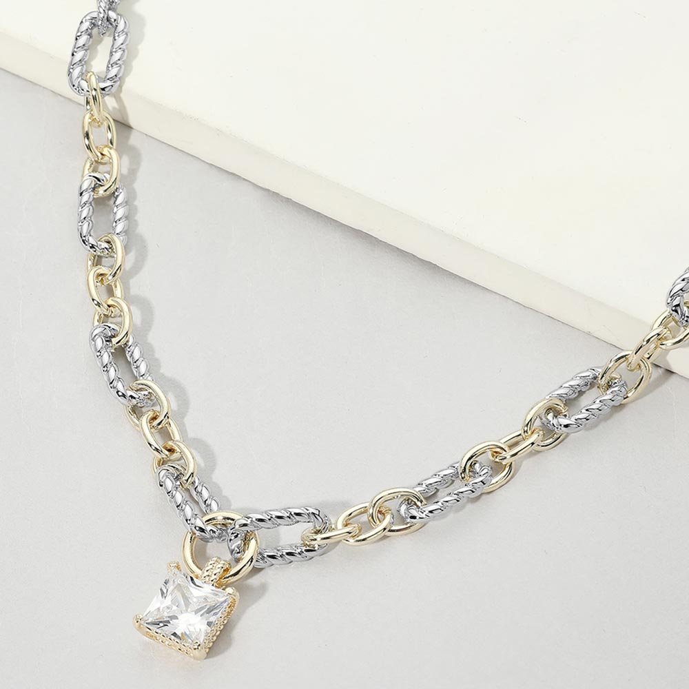 Madeline Love Clear, Two Tone 14K Gold Plated Two Tone Square CZ Stone Pendant Mixed Link Necklace