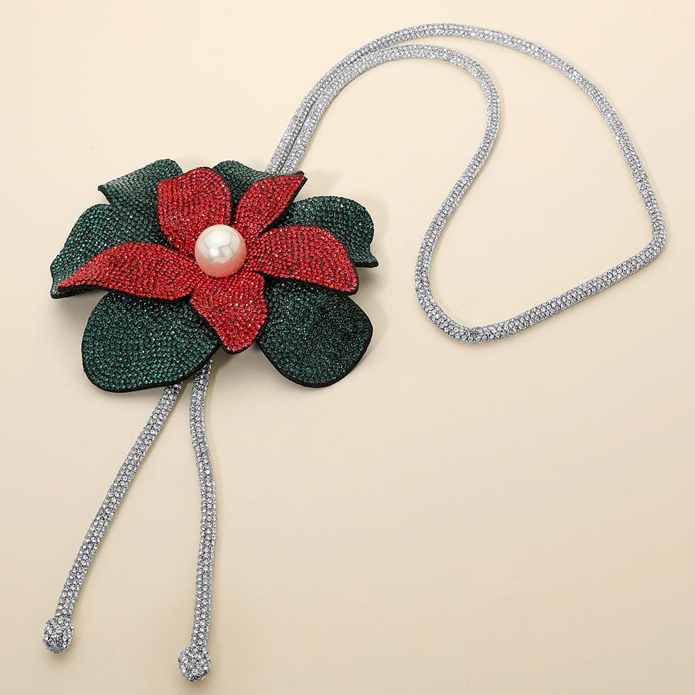 Madeline Love Green, Red Pearl Centered Bling Studded Flower Pointed Bolo Tie Necklace - Necklaces