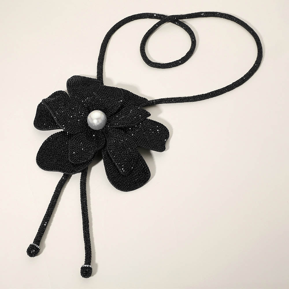 Madeline Love Jet Black Pearl Centered Bling Studded Flower Pointed Bolo Tie Necklace - Necklaces
