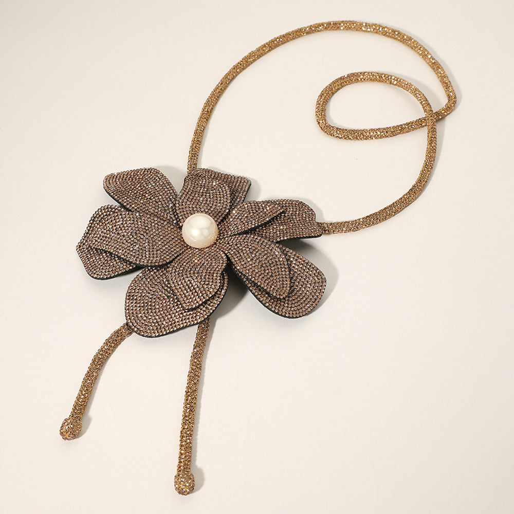 Madeline Love Lt Col Topaz Pearl Centered Bling Studded Flower Pointed Bolo Tie Necklace - Necklaces