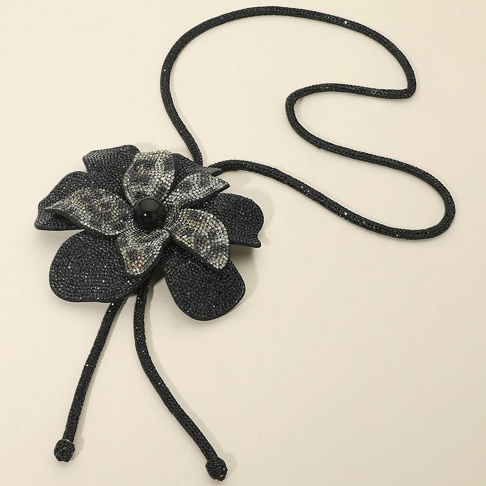 Madeline Love Black, Leopard Pearl Centered Bling Studded Flower Pointed Bolo Tie Necklace - Necklaces