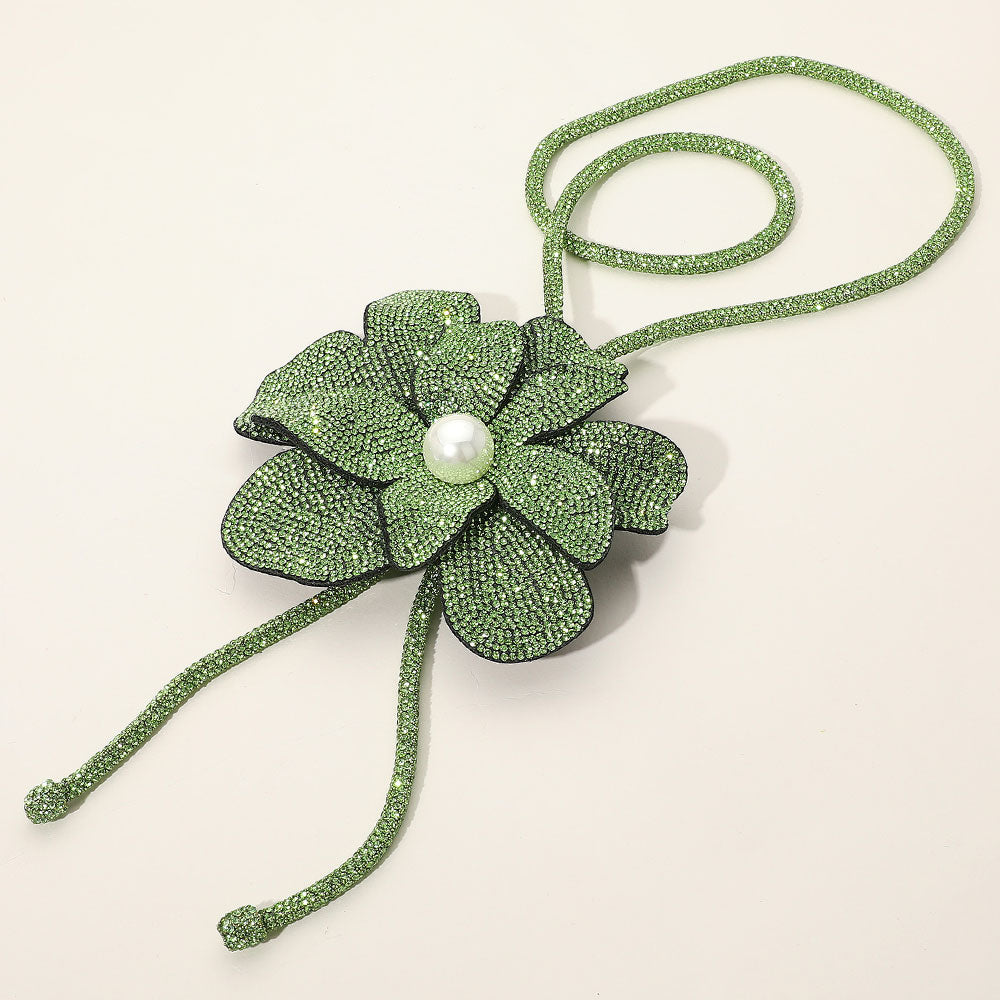 Madeline Love Lime Pearl Centered Bling Studded Flower Pointed Bolo Tie Necklace - Necklaces