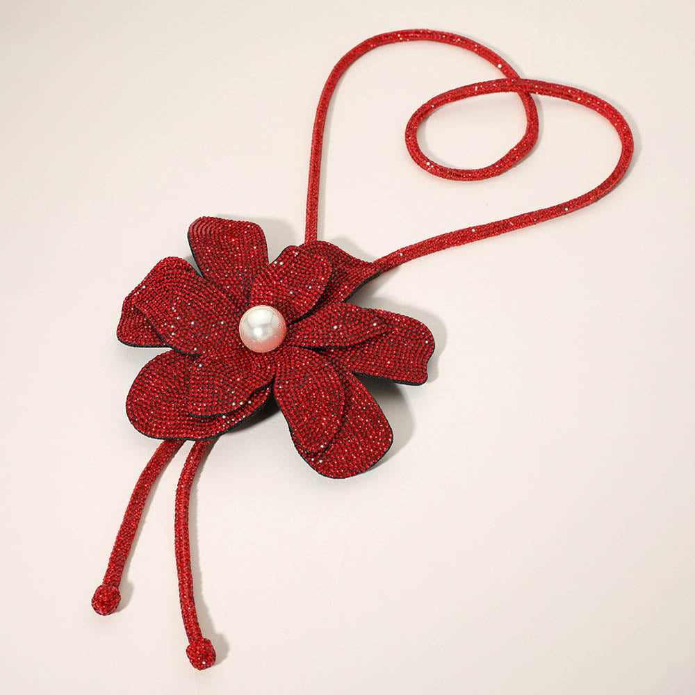 Madeline Love Siam Pearl Centered Bling Studded Flower Pointed Bolo Tie Necklace - Necklaces