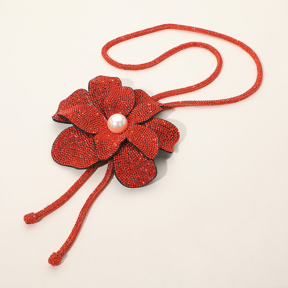 Madeline Love Orange Pearl Centered Bling Studded Flower Pointed Bolo Tie Necklace - Necklaces