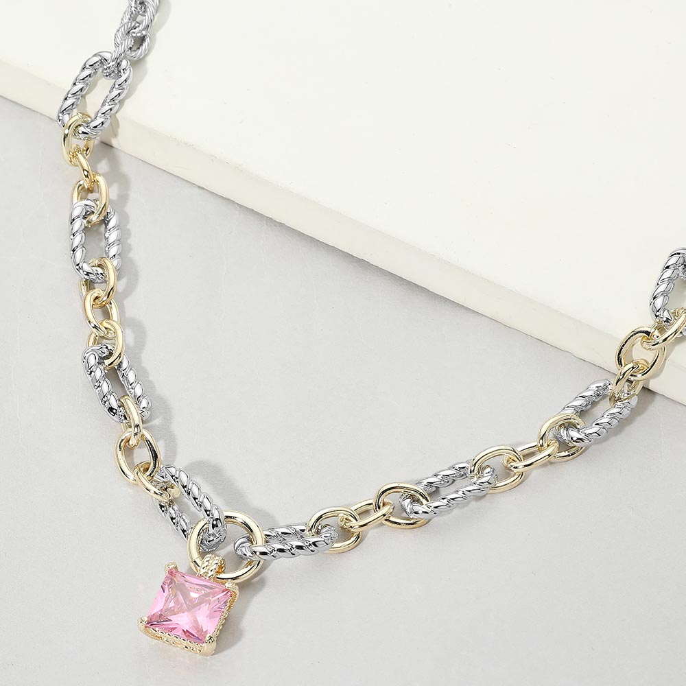Madeline Love Rose, Two Tone 14K Gold Plated Two Tone Square CZ Stone Pendant Mixed Link Necklace