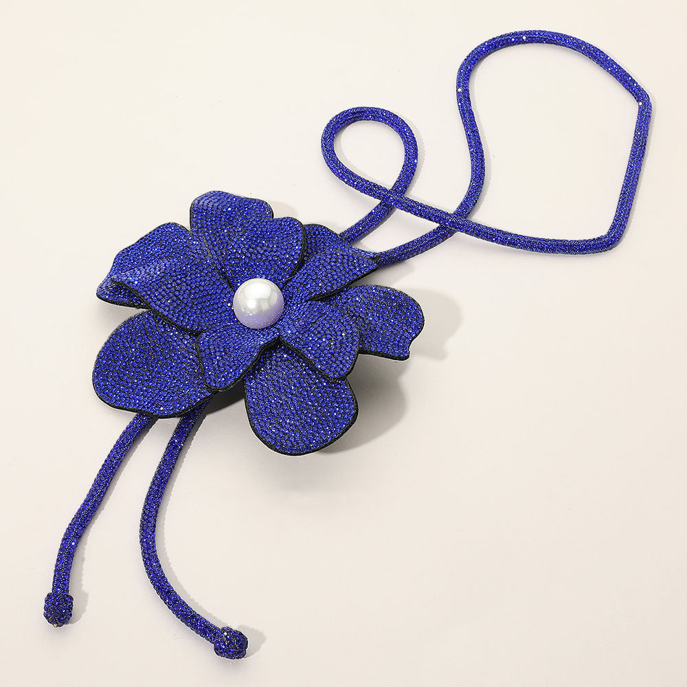 Madeline Love Sapphire Pearl Centered Bling Studded Flower Pointed Bolo Tie Necklace - Necklaces
