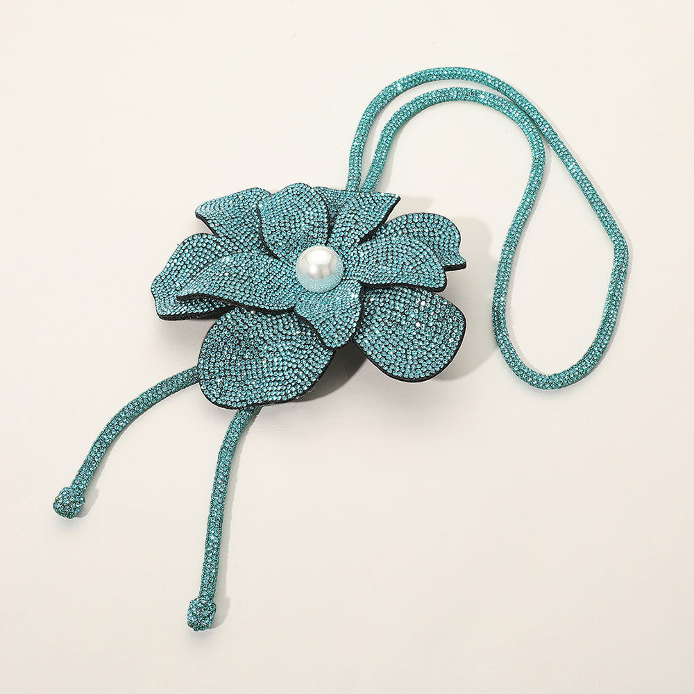 Madeline Love Turquoise Pearl Centered Bling Studded Flower Pointed Bolo Tie Necklace - Necklaces