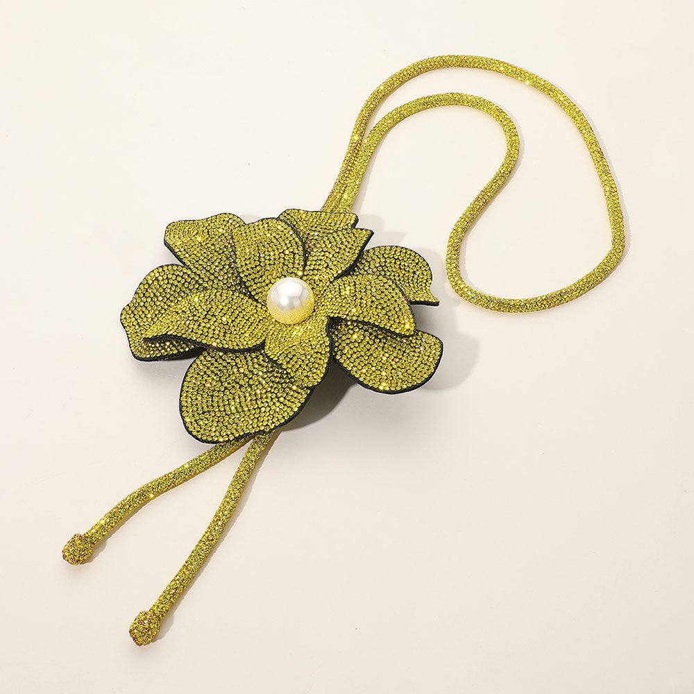Madeline Love Yellow Pearl Centered Bling Studded Flower Pointed Bolo Tie Necklace - Necklaces