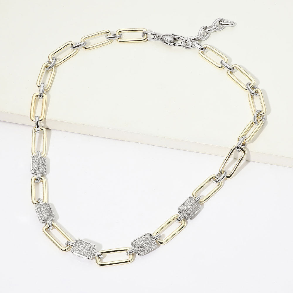 Madeline Love Two Tone 14K Gold Plated Two Tone Rectangular CZ Pave Cluster Station Paperclip Chain Link Necklace