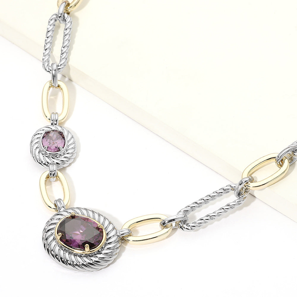 Madeline Love Amethyst , Two Tone 14K Gold Plated Two Tone CZ Oval Accent Mixed Link Necklace