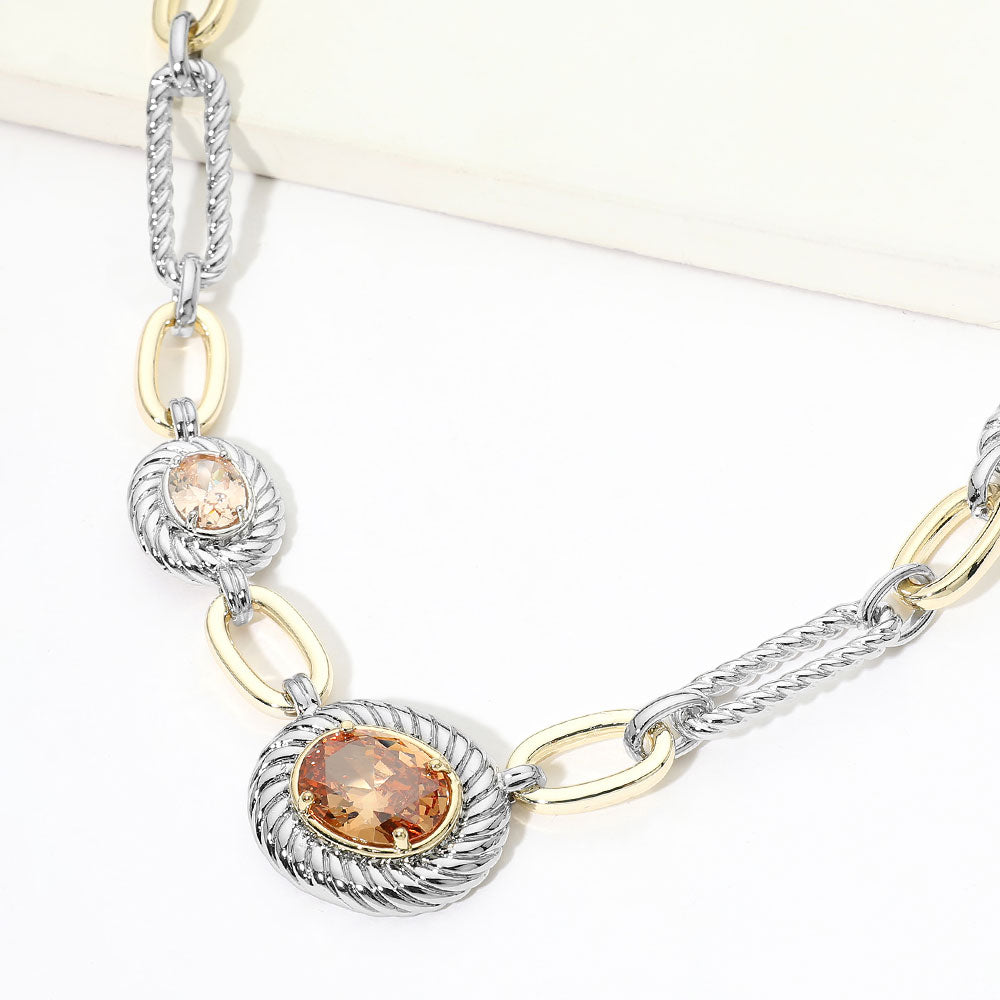 Madeline Love Champagne, Two Tone 14K Gold Plated Two Tone CZ Oval Accent Mixed Link Necklace
