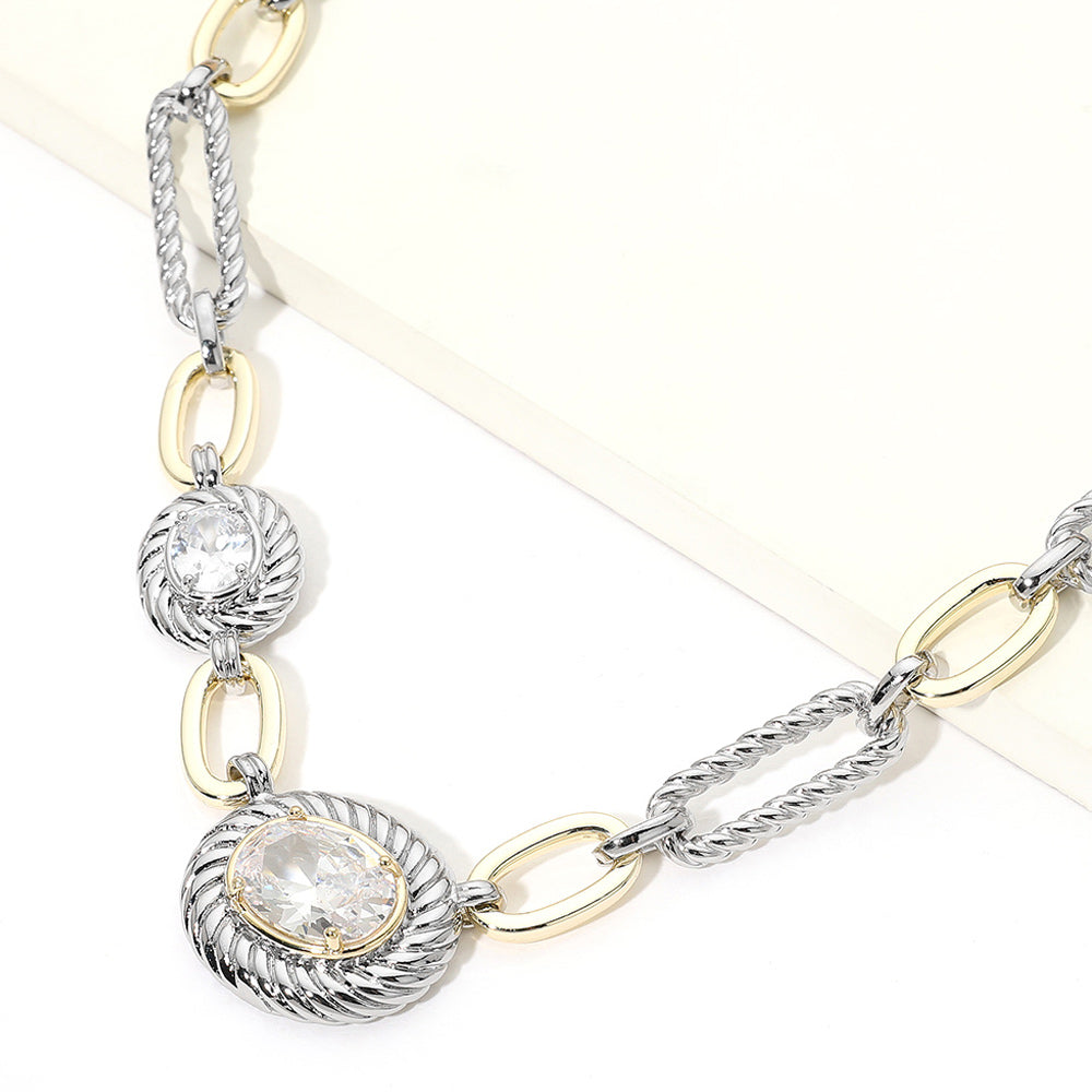 Madeline Love Clear, Two Tone 14K Gold Plated Two Tone CZ Oval Accent Mixed Link Necklace