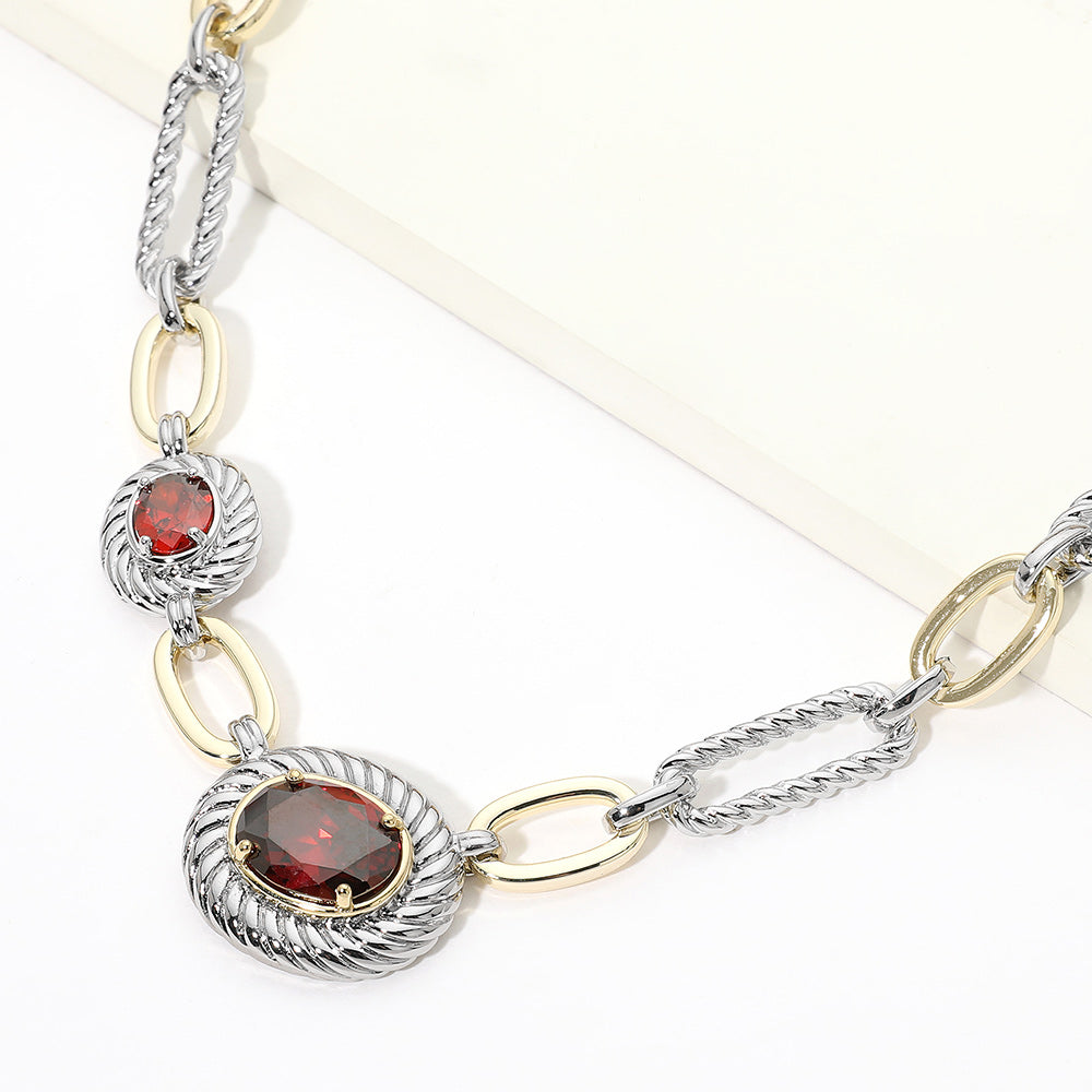 Madeline Love Red, Two Tone 14K Gold Plated Two Tone CZ Oval Accent Mixed Link Necklace