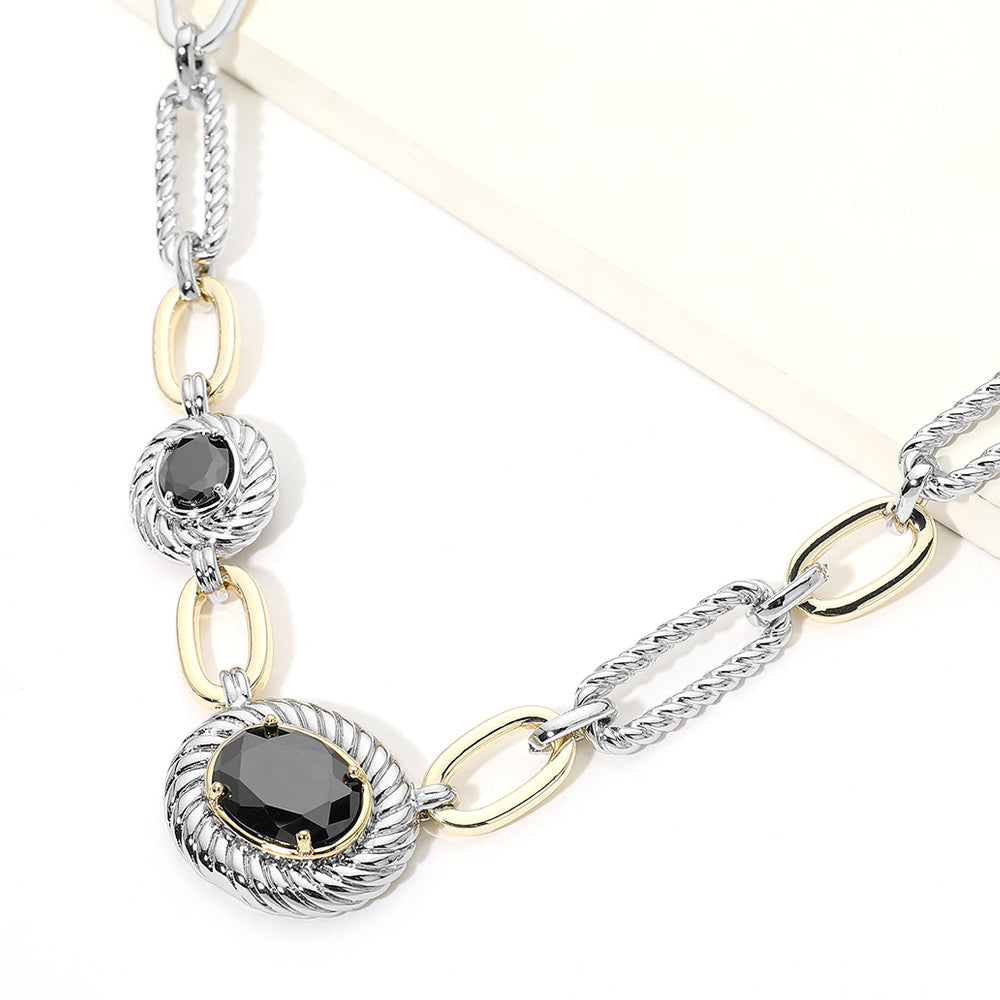 Madeline Love Jet Black, Two Tone 14K Gold Plated Two Tone CZ Oval Accent Mixed Link Necklace