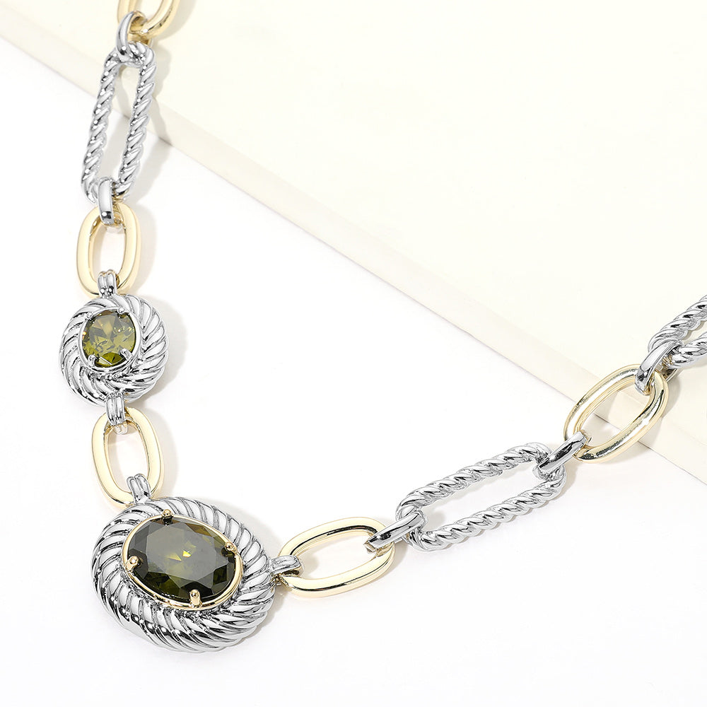 Madeline Love Olive Green, Two Tone 14K Gold Plated Two Tone CZ Oval Accent Mixed Link Necklace