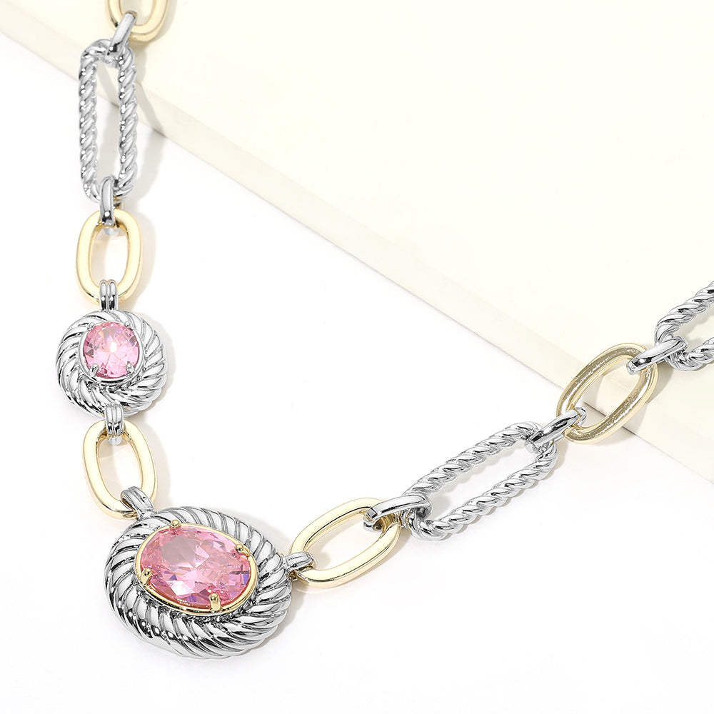 Madeline Love Rose, Two Tone 14K Gold Plated Two Tone CZ Oval Accent Mixed Link Necklace
